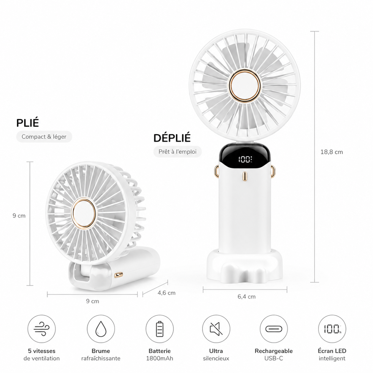 Canicule AirGo™ | Ventilateur Portable Rechargeable avec Écran LED